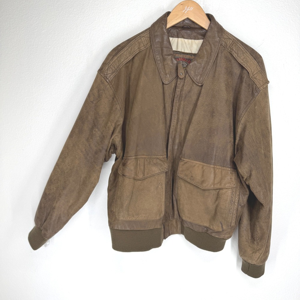 Vintage Mens Brown Leather Aviator Flight Bomber Jacket Zip Distressed Medium